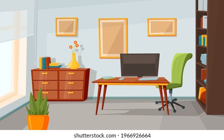 Home office interior. Room background, flat contemporary living area design. Modern cabinet, workplace furniture with laptop recent vector scene