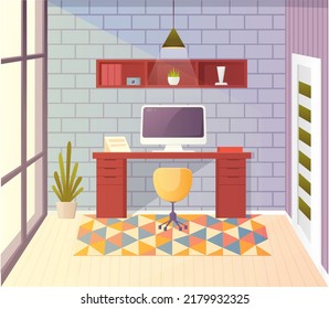 Home office interior, room for working with pc. Warkplace at home, freelance concept vector illustration. Modern draftsman studio, designer architect workplace.