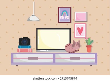 home office interior screen on table with cat, camera books and plant vector illustration