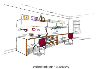 Home Office Interior Sketch.