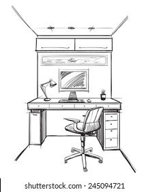 Home office interior sketch.