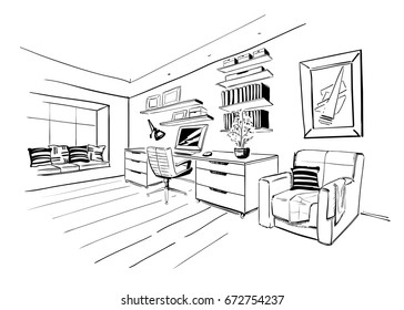 Home office interior sketch.