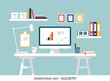 Home office interior. Stylish white studio. Modern Vector Flat design. Creative workspace, workplace for student with computer and infographics. Table, lamp, frames, boxes