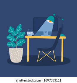 Home office interior - table, lamp, monitor, ficus, cup of hot drink. Freelance, online education or social media concept. Vector illustration isolated on dark blue background