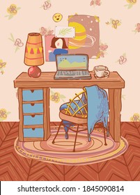 Home office interior vector illustration warm retro furniture cozy place to work with a cup of tea and posters on the wall