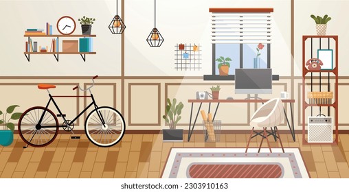 Home office interior. Vector illustration. Creative office desktop workspace Freelance people work in comfortable conditions Home office interior, room for working Freelancer working from home place