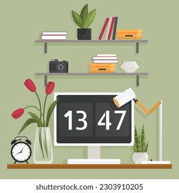 Home office interior. Vector illustration. Creative office desktop workspace Freelance people work in comfortable conditions Home office interior, room for working Freelancer working from home place