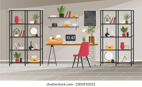 Home office interior. Vector illustration. Interior for freelancer study room furniture Freelance or studying concept Concept for telework, free lance workers, workers at home Classic homeoffice