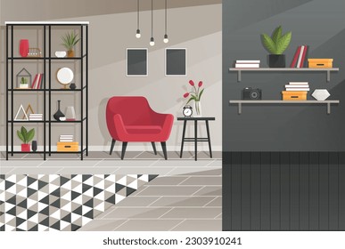 Interior de la oficina del hogar. Ilustración vectorial. Interior para muebles de estudio independientes Aula independiente o estudio concepto Concepto para teletrabajo, trabajadores de lance gratis, trabajadores en casa Casa clásica