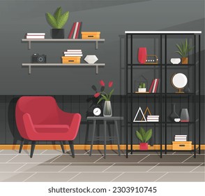 Interior de la oficina del hogar. Ilustración vectorial. Empleados de oficina Trabajos independientes y cómodos en el hogar Trabajar en la oficina del hogar, en el espacio de trabajo compartido o a distancia en el hogar, en forma independiente, en el trabajo por cuenta propia