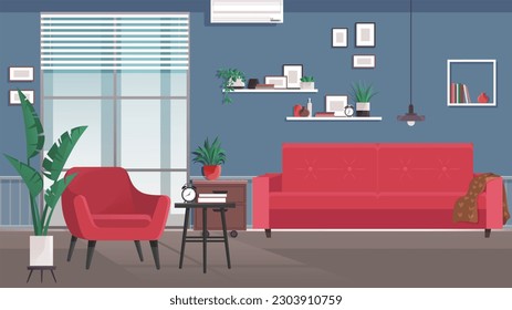 Interior de la oficina del hogar. Ilustración vectorial. Lugar de trabajo interior moderno, zona de creación de oficinas o hogares, kit de espacio de trabajo con muebles Oficina con computadora Trabajar desde casa, estudiante o autónomo