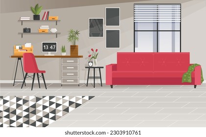 Home office interior. Vector illustration. Living room modern interior, home or office, lounge with furniture Business workplace Home office metaphor Office workstation furniture interior concept