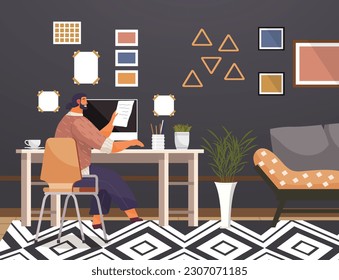 Hogar. Ilustración vectorial interior. Trabajar desde casa. Disfruta de trabajar en un entorno de oficina colaborativo Diseño de un concepto abierto Plano Office Hogar que proporciona privacidad para un trabajo centrado Área de trabajo en vida