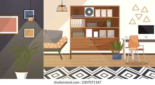 Hogar. Ilustración vectorial interior. Trabajar desde casa. La habitación tenía un ambiente acogedor con una iluminación cálida y un mobiliario cómodo. El trabajo remoto ofrece la oportunidad de diseñar un ambiente de trabajo personalizado.