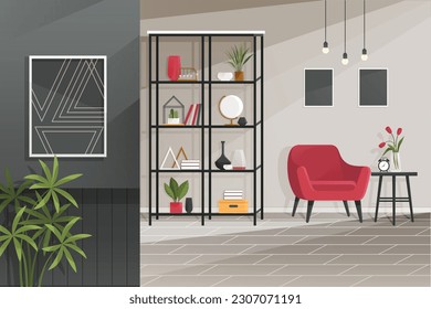 Interior de la oficina del hogar. Ilustración vectorial. Trabajador independiente que trabaja desde el hogar, lugar de trabajo cómodo Empleos domésticos Concepto de trabajo autónomo Espacio de trabajo mínimo Trabajo remoto desde el hogar o desde cualquier otro lugar