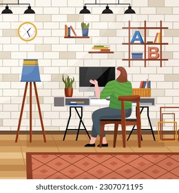 Home office. Interior vector illustration. Work from home. Freelance flexibility of working remotely New office has sleek and modern design Room layout optimizes natural light for pleasant working