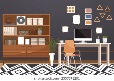 Home office. Interior vector illustration. Work from home. The room serves as a versatile workspace for various tasks Workspace is carefully designed to enhance efficiency and creativity Furniture in