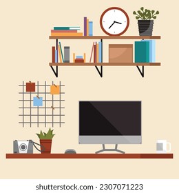 Interior de la oficina del hogar. Ilustración vectorial. Trabajo independiente y conveniente concepto de trabajo Área de trabajo de negocios en el interior de la habitación Trabajo desde casa, trabajo distante, freelance, trabajo en línea Diseñador de arquitectos en el lugar de trabajo