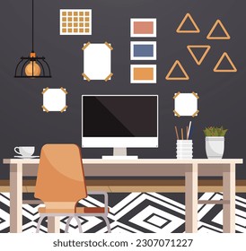 Hogar. Ilustración vectorial interior. Trabajar desde casa. El diseño de las habitaciones optimiza el espacio para un flujo de trabajo eficiente La oficina doméstica proporciona un entorno tranquilo y propicio para el trabajo Mobiliario en el espacio de trabajo