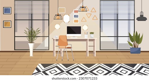 Hogar. Ilustración vectorial interior. Trabajar desde casa. La oficina en el hogar es un espacio dedicado al crecimiento y desarrollo profesional Mobiliario en el espacio de trabajo para maximizar la eficiencia y el confort