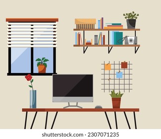 Home office interior. Vector illustration. Freelance or studying concept Workplace room, modern interior, cabinet Business workspace in room interior Workplace modern interior, home or office room pc