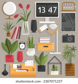 Home office interior. Vector illustration. Workplace modern interior, home or office room creation zone, working space kit with furniture Office with computer Working from home, student or freelancer