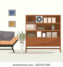 Hogar. Ilustración vectorial interior. Trabajar desde casa. Mobiliario en el área de oficina para durabilidad y practicidad Trabajar a distancia permite un horario flexible y un mejor equilibrio entre vida y trabajo