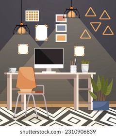 Home office. Interior vector illustration. Work from home. Office area is thoughtfully arranged for optimal productivity Working from home offers flexibility to balance work and personal life