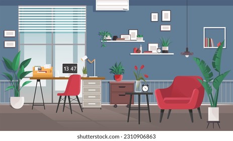 Home office interior. Vector illustration. Modern loft interior of open space home office with furniture for corporate or freelance work Modern studio Living room modern interior, home or office,