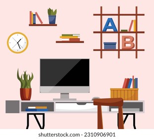 Home office. Interior vector illustration. Work from home. Flat has a minimalist interior design Organized desk to create productive workspace Room had a cozy ambiance with warm lighting