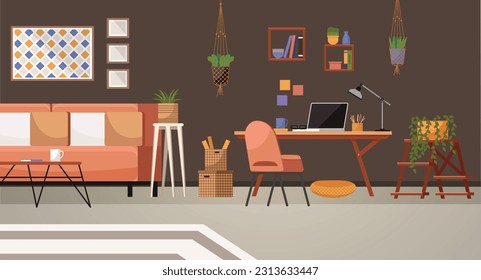 Home office. Interior vector illustration. Work from home. Room layout optimizes natural light for pleasant working environment Home office provides quiet retreat for focused and uninterrupted work