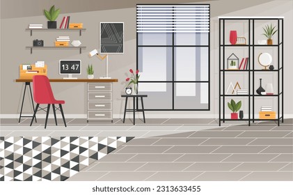 Home office interior. Vector illustration. Working at home, coworking space Working at home office Creative office desktop workspace Empty workplace, Desk chair computer workspace office No people