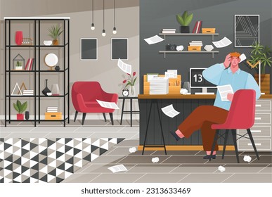 Interior de la oficina del hogar. Ilustración vectorial. Empleado de la oficina no cumple con la fecha límite. Trabajar en casa con comodidad. Trabajar en casa, trabajar en equipo o remotamente en casa, trabajar por cuenta propia.