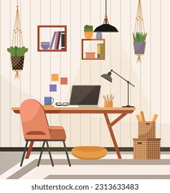 Home office. Interior vector illustration. Work from home. Freelance flexibility of working remotely New office has sleek and modern design Room layout optimizes natural light for pleasant working