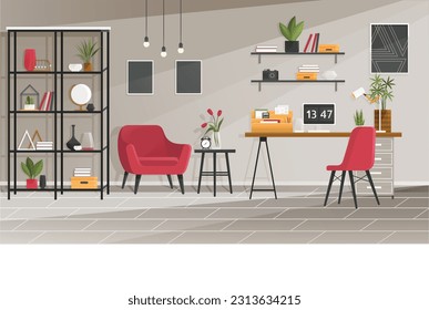 Home office interior. Vector illustration. Modern workplace cabinet room Office workplace scene Office workplace interior design banner Home office concept Empty working place with furniture