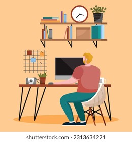 Home office interior. Vector illustration. Interior for freelancer study room furniture Freelance or studying concept Concept for telework, free lance workers, worker at home Classic homeoffice