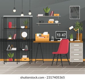 Interior de la oficina del hogar. Ilustración vectorial. Trabajo a distancia desde casa o desde cualquier lugar Acogedor hogar de estilo escandinavo con plantas de vivienda Interior de estilo escandinavo o nórdico Freelance y conveniente trabajo