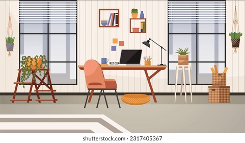 Home office. Interior vector illustration. Work from home. Enjoys working in collaborative office environment Flat open-concept design Office home provided privacy for focused work Workspace in living
