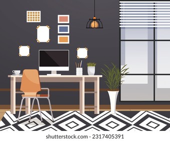 Home office. Interior vector illustration. Work from home. Flats interior design strikes a balance between aesthetics and functionality Modern workplace is constantly evolving Enjoys working in