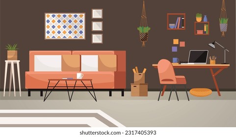 Home office. Interior vector illustration. Work from home. Furniture in workspace arranged for optimal workflow and efficiency Working remotely Interior design minimalist approach for room design