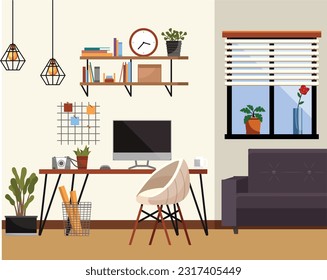 Home office interior. Vector illustration. Freelance and convenient job concept Business workspace in room interior Work from home, distant work, freelance, work online Designer architect workplace