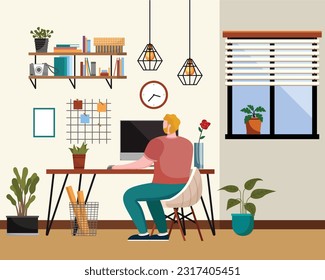 Interior de la oficina del hogar. Ilustración vectorial. Trabajo a distancia desde casa o desde cualquier lugar Acogedor hogar de estilo escandinavo con plantas de vivienda Interior de estilo escandinavo o nórdico Freelance y conveniente trabajo