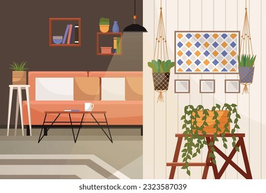 Home office. Interior vector illustration. Work from home. Interior designer incorporated natural elements into rooms design Workspace individual work style Furniture in office area for durability and