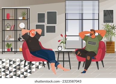 Home office interior. Vector illustration. Workplace or home office stylish comfy furniture and modern home decorations trendy style Working online coworkers from home Cozy Interior furnished