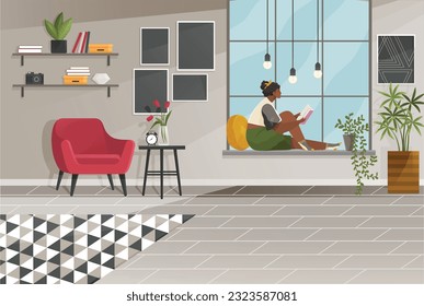 Home office interior. Vector illustration. Modern loft interior of open space home office with furniture for corporate or freelance work Modern studio Living room modern interior, home or office