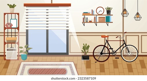 Home office interior. Vector illustration. Domestic office furniture and equipment Detailed side view interior home office room with bookshelf, desk, clocks, box, chair, books, bike Modern workplace