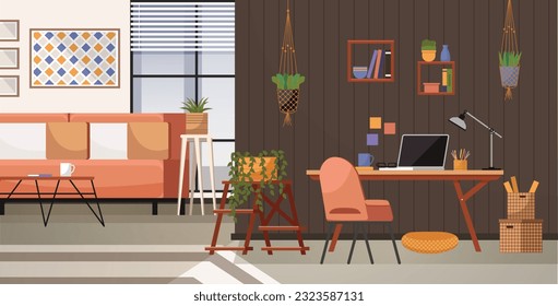 Home office. Interior vector illustration. Work from home. Coming home after long day at office Work and home life Furniture in office carefully chosen for functionality and style Working