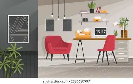 Home office interior. Vector illustration. Freelance and convenient job concept Business workspace in room interior Work from home, distant work, freelance, work online Designer architect workplace