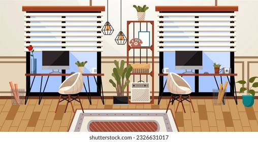 Home office interior. Vector illustration. Remote working from home or any place Scandinavian style cozy home office with homeplants Scandinavian or nordic style interior Freelance and convenient job