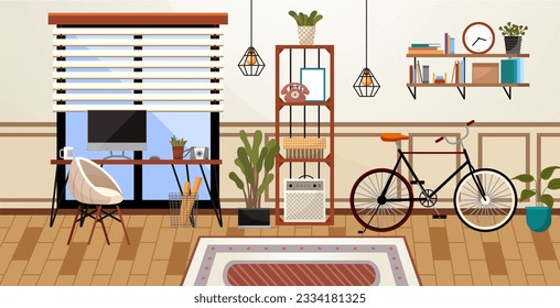 Interior de la oficina del hogar. Ilustración vectorial. Concepto independiente o de estudio Sala de trabajo, interior moderno, armario Espacio de trabajo en habitación Interior de trabajo Interior moderno, hogar u oficina